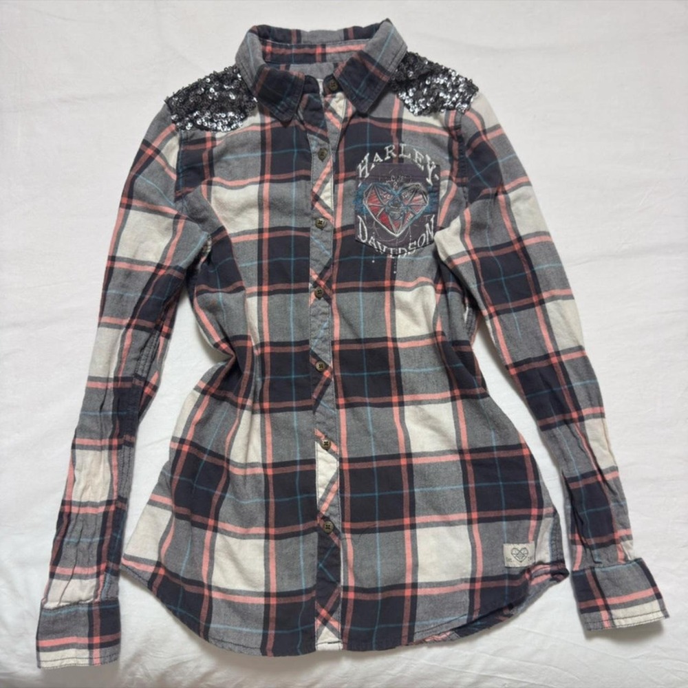 Harley Davidson plaid button up shirt with sequin shoulder
